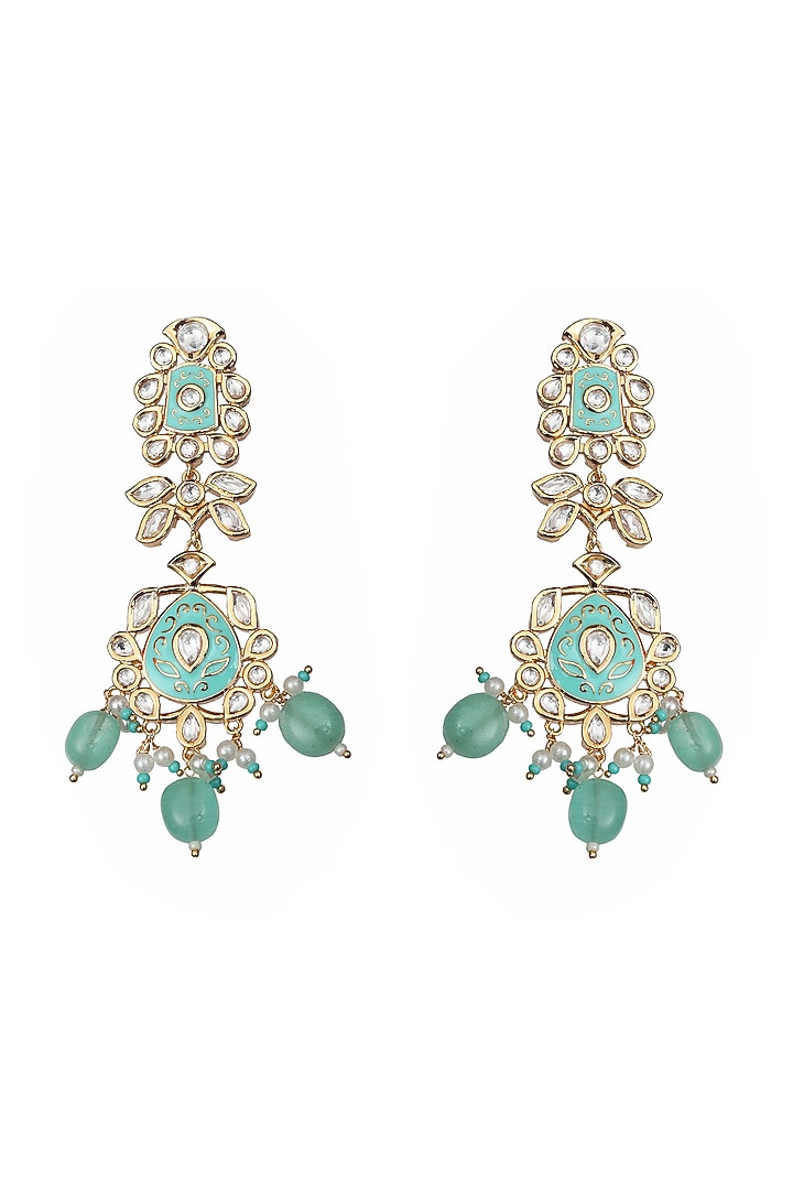 Gold Finish Kundan Polki & Beaded Meenakari Dangler Earrings by Akulya Jewels at Pernia's Pop Up Shop
