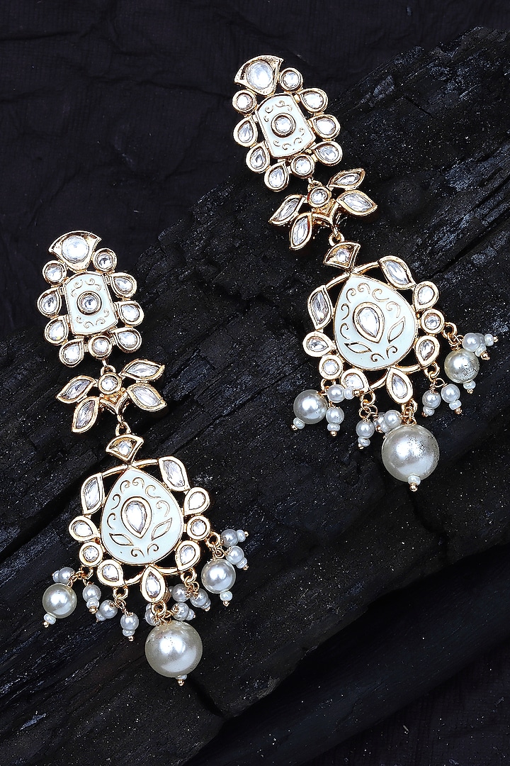 Gold Finish Kundan Polki & Beaded Meenakari Dangler Earrings by Akulya Jewels at Pernia's Pop Up Shop