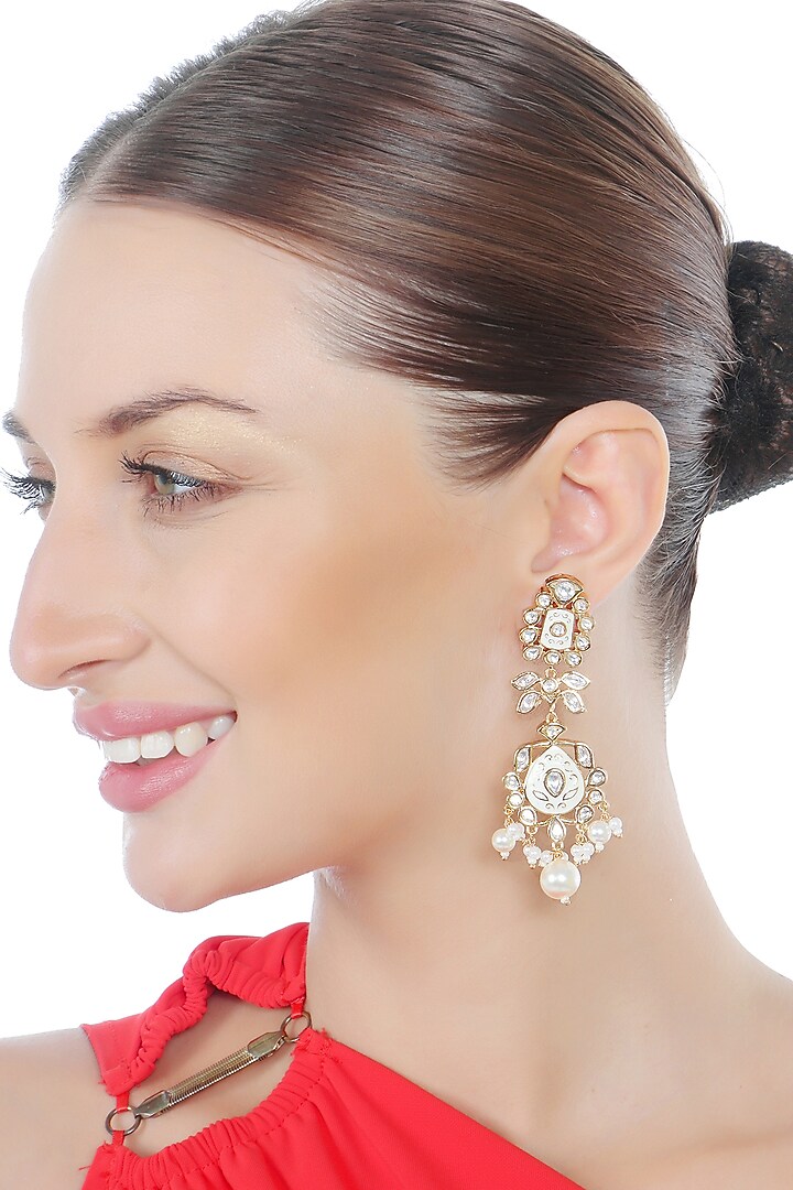 Gold Finish Kundan Polki & Beaded Meenakari Dangler Earrings by Akulya Jewels at Pernia's Pop Up Shop