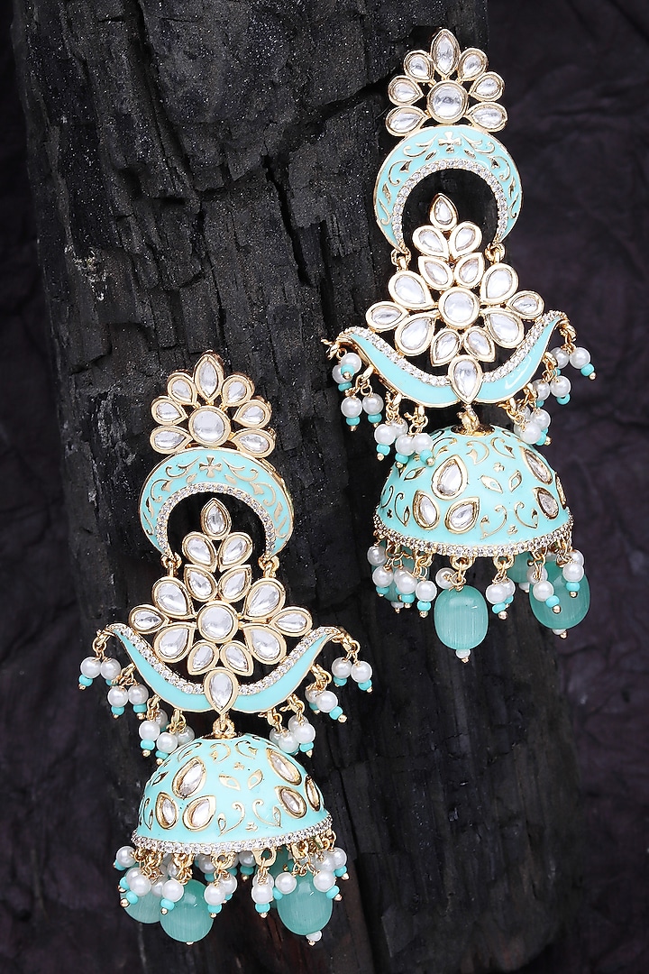 Gold Finish Kundan Polki & Faux Diamond Meenakari Jhumka Earrings by Akulya Jewels at Pernia's Pop Up Shop