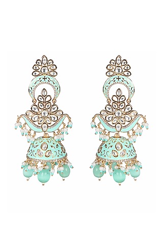 Gold Finish Kundan Polki & Faux Diamond Meenakari Jhumka Earrings by Akulya Jewels