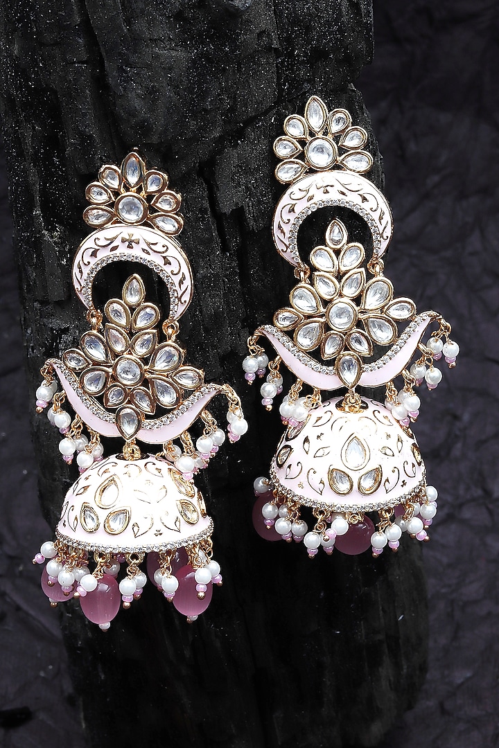 Gold Finish Kundan Polki & Faux Diamond Meenakari Jhumka Earrings by Akulya Jewels at Pernia's Pop Up Shop