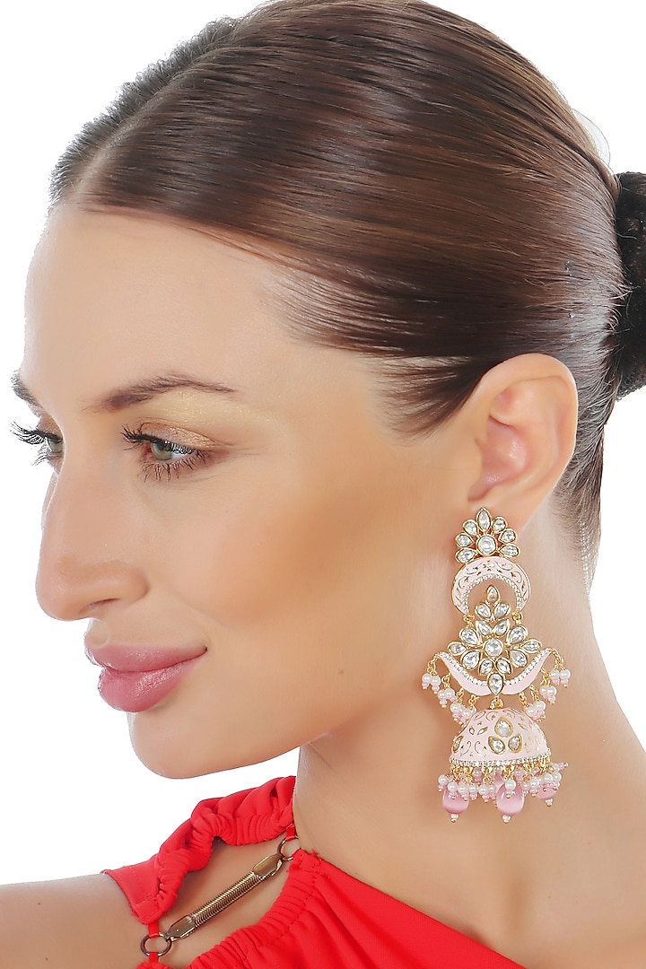 Gold Finish Kundan Polki & Faux Diamond Meenakari Jhumka Earrings by Akulya Jewels at Pernia's Pop Up Shop