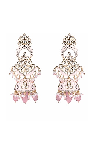 Gold Finish Kundan Polki & Faux Diamond Meenakari Jhumka Earrings by Akulya Jewels