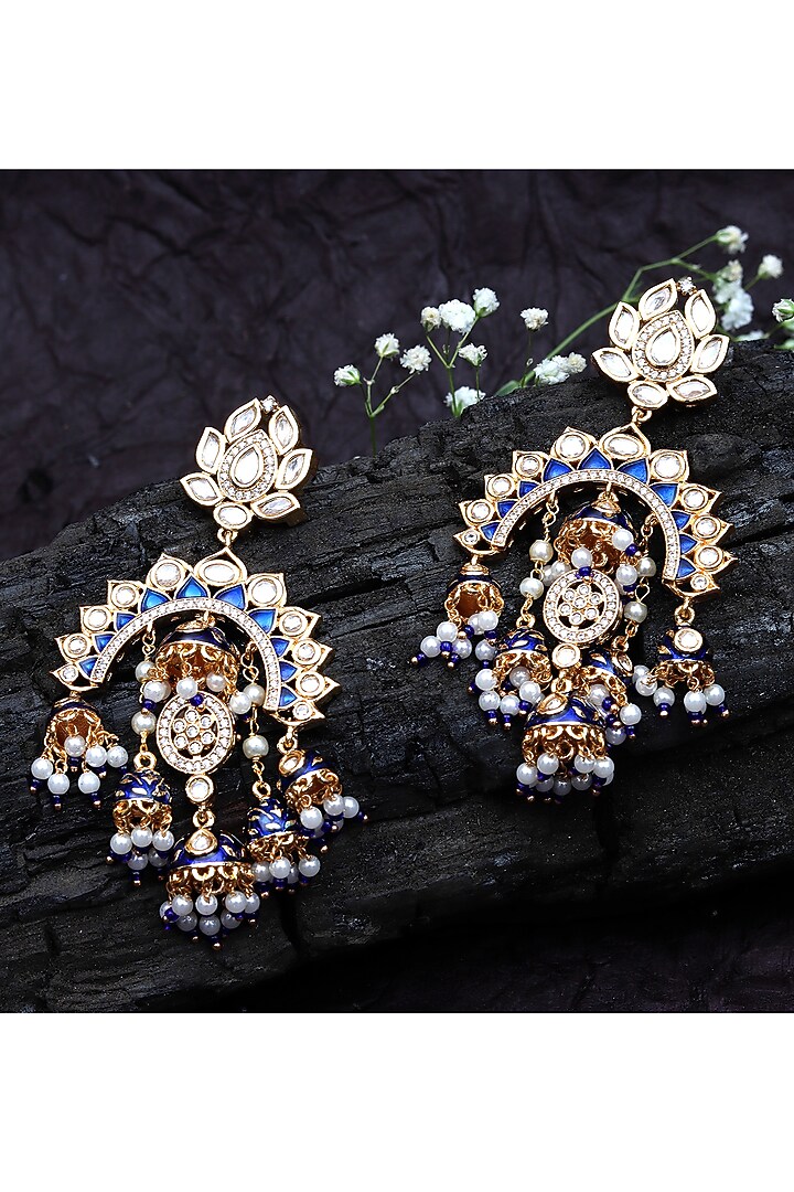 Gold Finish Kundan Polki & Faux Diamond Meenakari Chandbaali Earrings by Akulya Jewels at Pernia's Pop Up Shop
