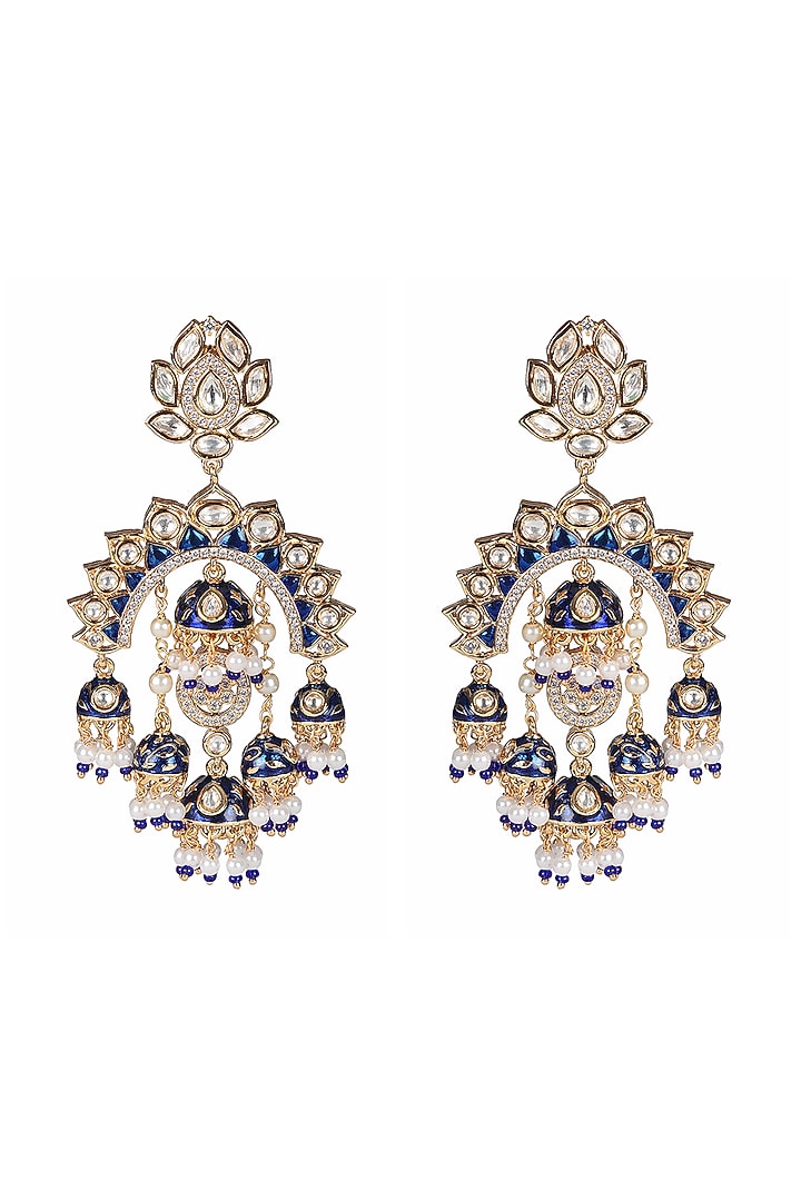 Gold Finish Kundan Polki & Faux Diamond Meenakari Chandbaali Earrings by Akulya Jewels at Pernia's Pop Up Shop