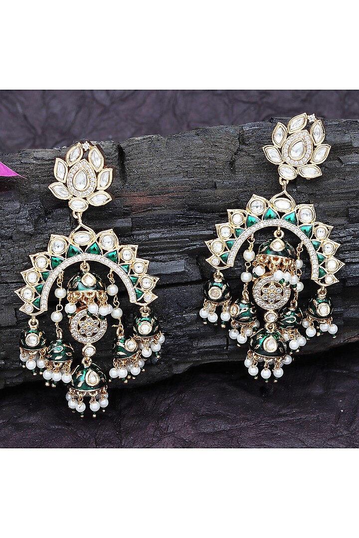 Gold Finish Kundan Polki & Faux Diamond Meenakari Chandbaali Earrings by Akulya Jewels at Pernia's Pop Up Shop
