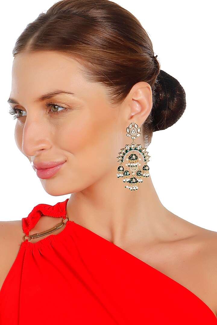 Gold Finish Kundan Polki & Faux Diamond Meenakari Chandbaali Earrings by Akulya Jewels at Pernia's Pop Up Shop