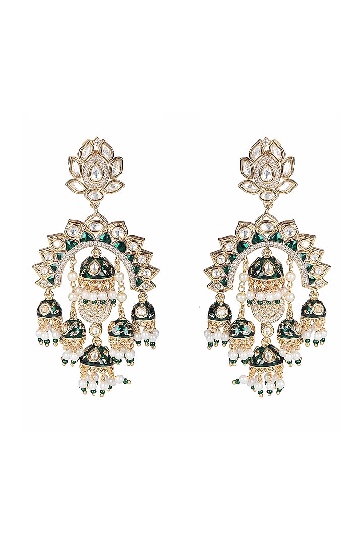 Gold Finish Kundan Polki & Faux Diamond Meenakari Chandbaali Earrings by Akulya Jewels at Pernia's Pop Up Shop