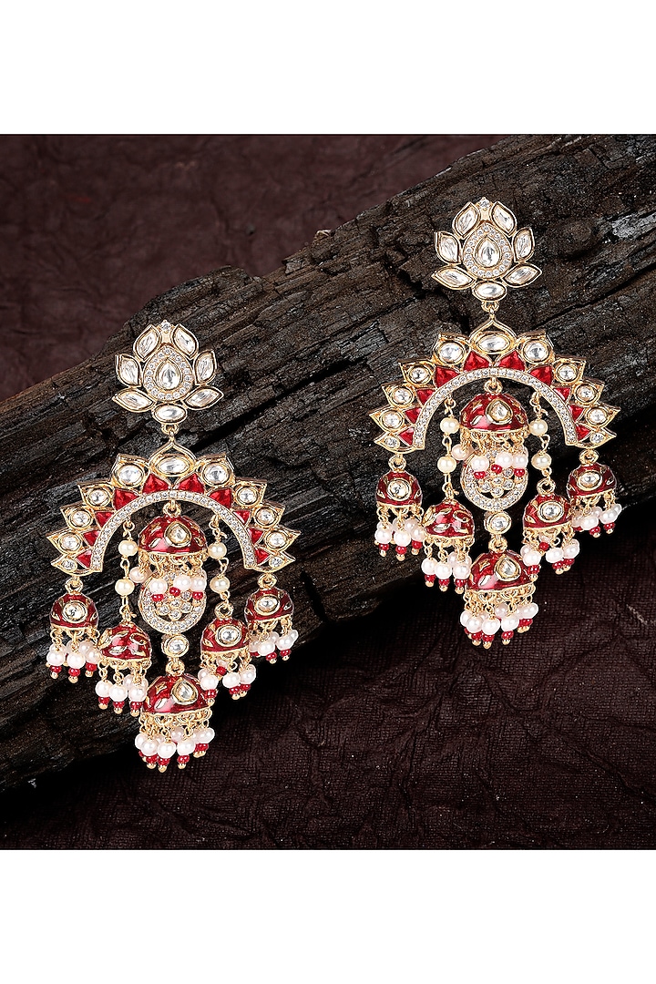 Gold Finish Kundan Polki & Faux Diamond Meenakari Chandbaali Earrings by Akulya Jewels at Pernia's Pop Up Shop