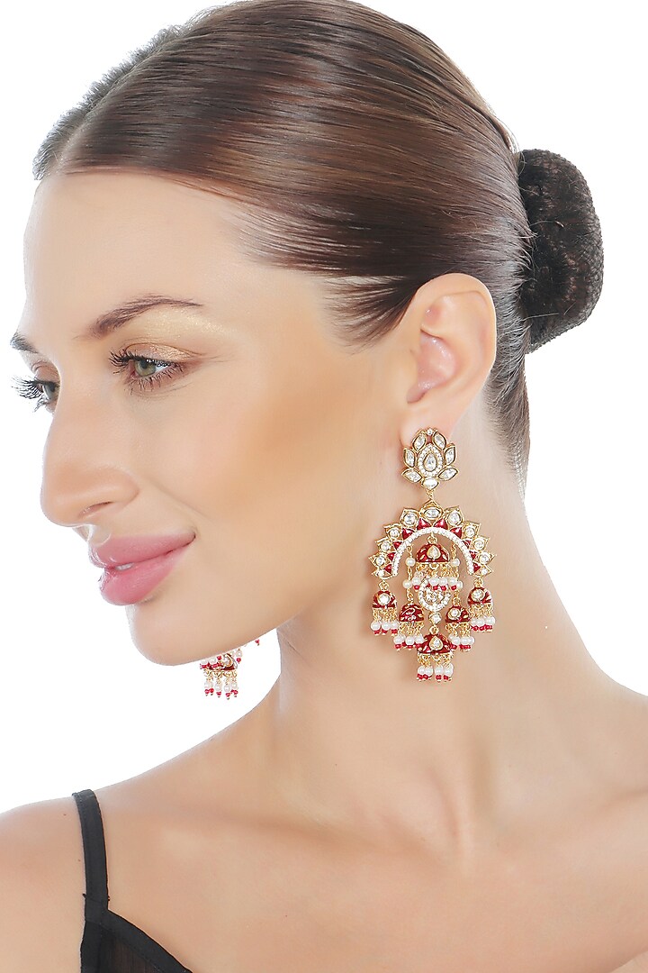 Gold Finish Kundan Polki & Faux Diamond Meenakari Chandbaali Earrings by Akulya Jewels at Pernia's Pop Up Shop
