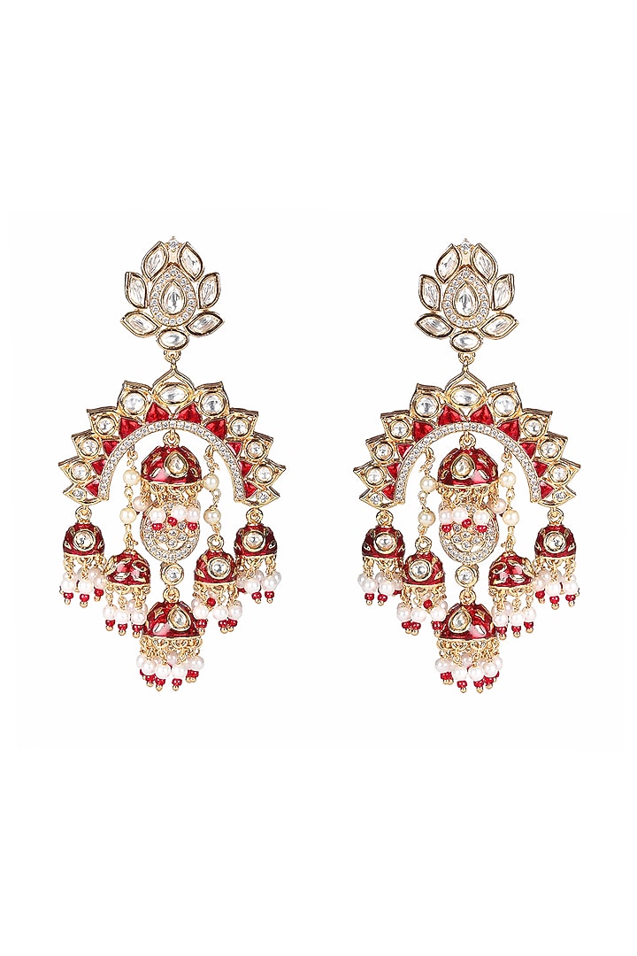 Gold Finish Kundan Polki & Faux Diamond Meenakari Chandbaali Earrings by Akulya Jewels at Pernia's Pop Up Shop