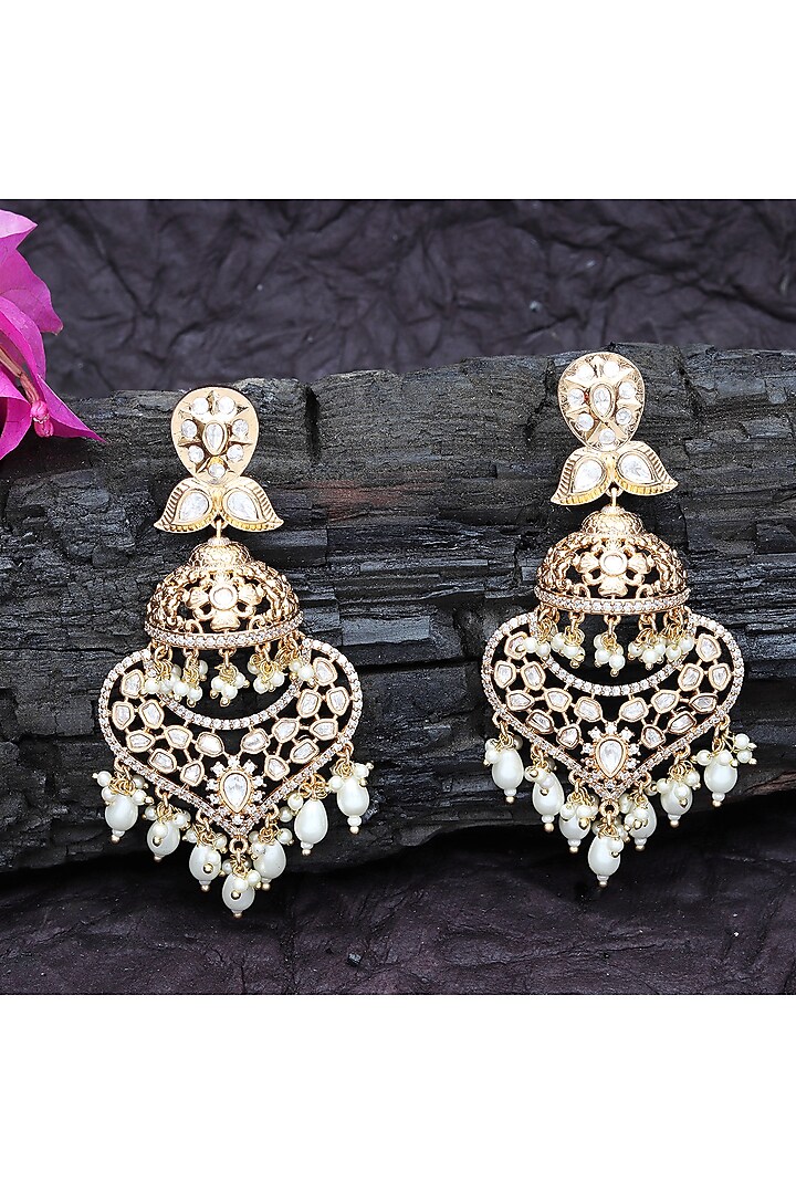 Gold Finish Kundan Polki & Faux Diamond Meenakari Dangler Earrings by Akulya Jewels at Pernia's Pop Up Shop