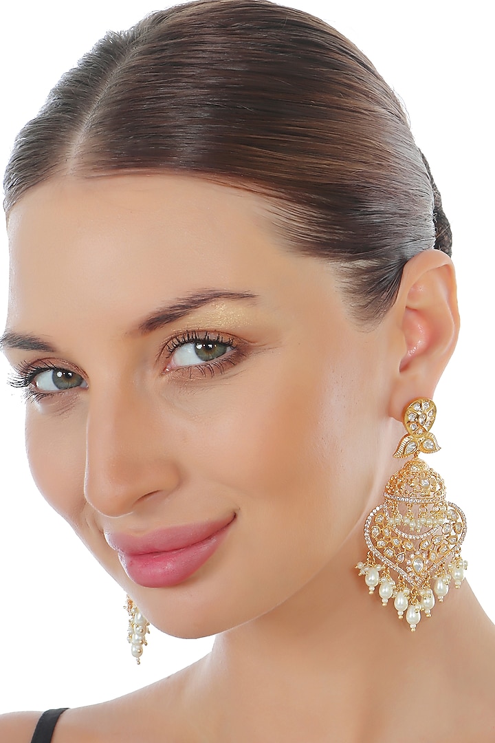 Gold Finish Kundan Polki & Faux Diamond Meenakari Dangler Earrings by Akulya Jewels at Pernia's Pop Up Shop