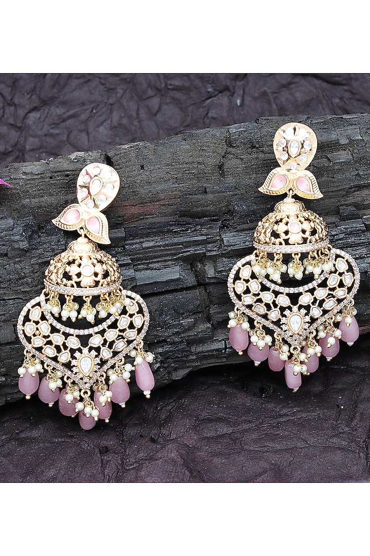 Gold Finish Kundan Polki & Faux Diamond Meenakari Dangler Earrings by Akulya Jewels at Pernia's Pop Up Shop