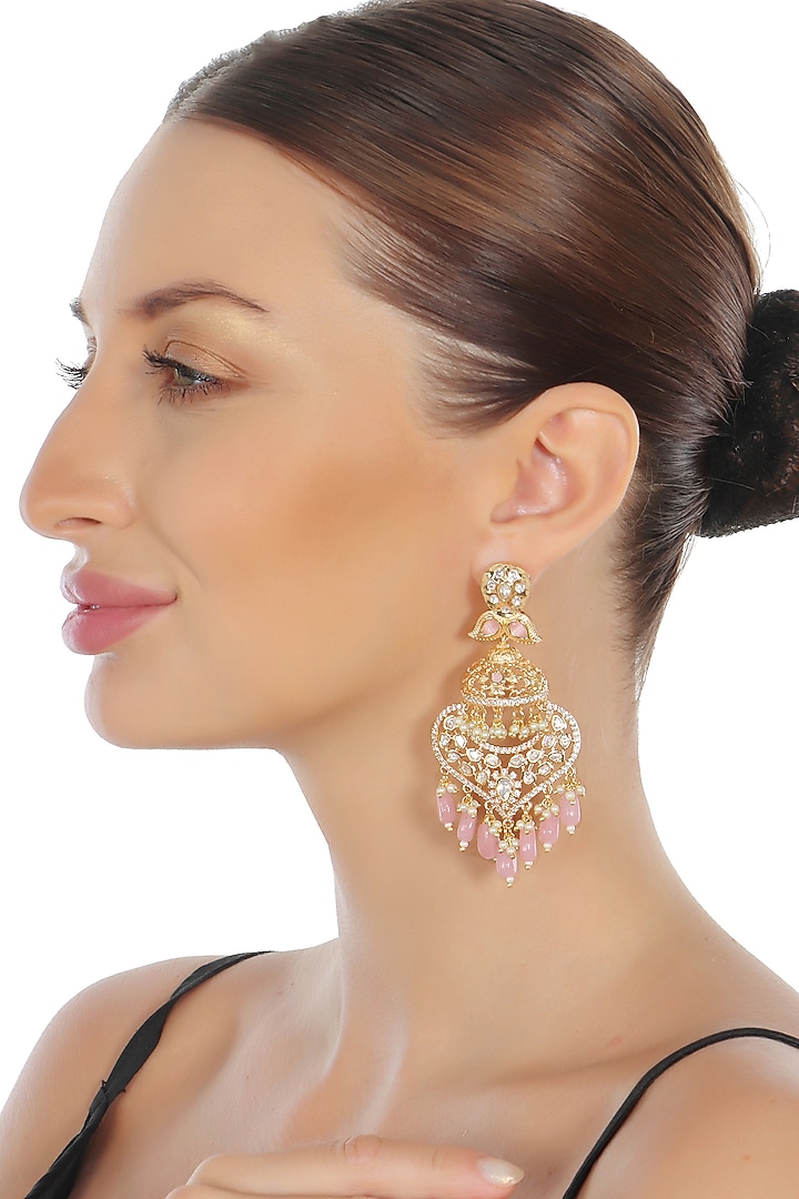 Gold Finish Kundan Polki & Faux Diamond Meenakari Dangler Earrings by Akulya Jewels at Pernia's Pop Up Shop