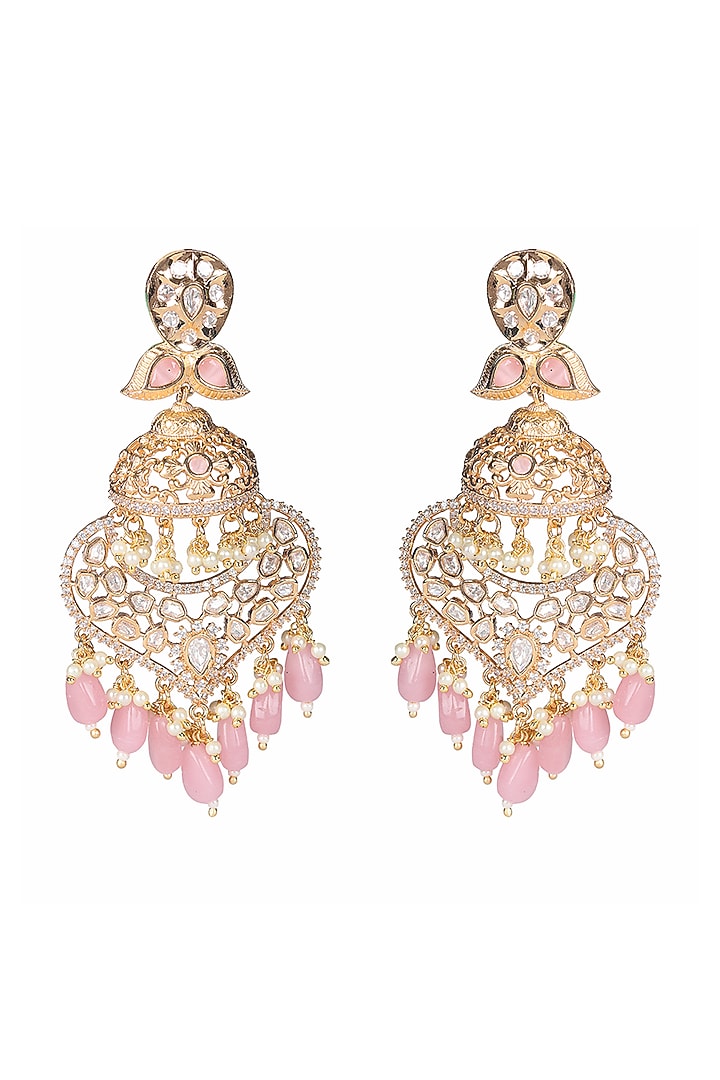 Gold Finish Kundan Polki & Faux Diamond Meenakari Dangler Earrings by Akulya Jewels at Pernia's Pop Up Shop