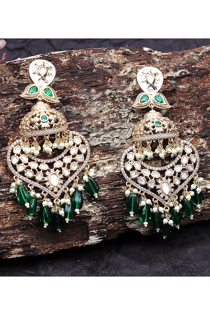 Gold Finish Kundan Polki & Faux Diamond Meenakari Dangler Earrings by Akulya Jewels at Pernia's Pop Up Shop