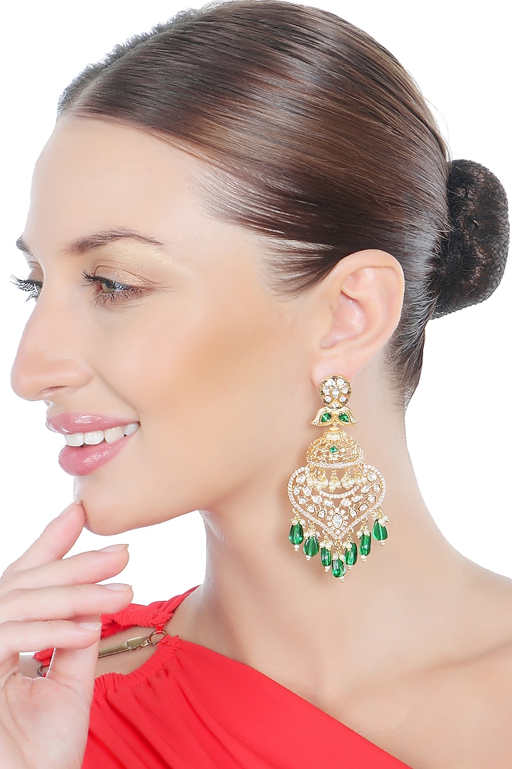 Gold Finish Kundan Polki & Faux Diamond Meenakari Dangler Earrings by Akulya Jewels at Pernia's Pop Up Shop