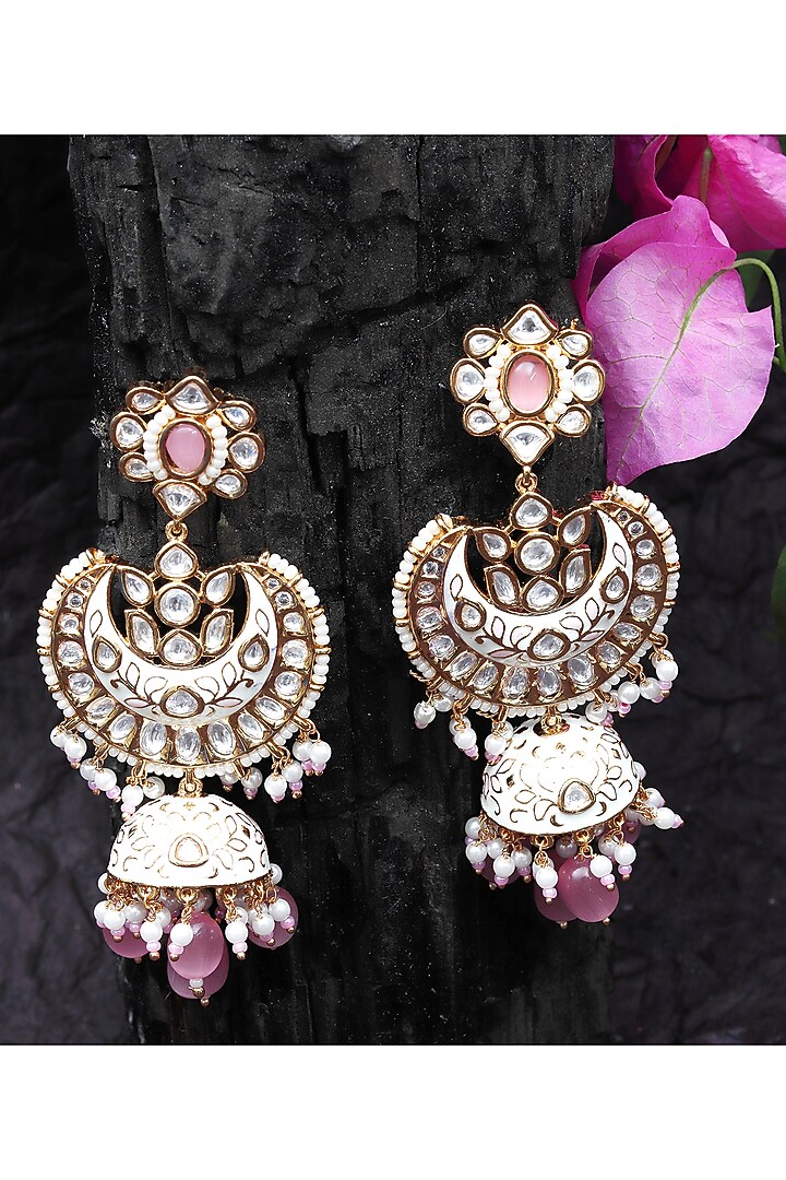 Gold Finish Kundan Polki & Beaded Meenakari Jhumka Earrings by Akulya Jewels at Pernia's Pop Up Shop