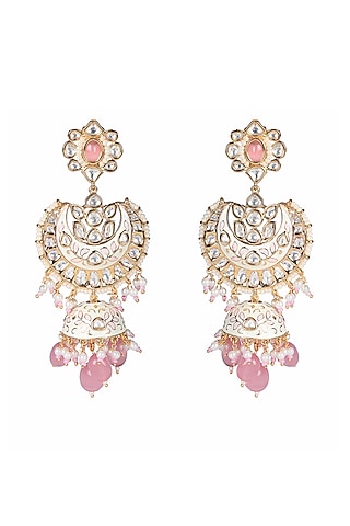 Gold Finish Kundan Polki & Beaded Meenakari Jhumka Earrings by Akulya Jewels