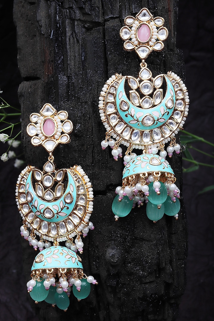 Gold Finish Kundan Polki & Beaded Meenakari Jhumka Earrings by Akulya Jewels at Pernia's Pop Up Shop