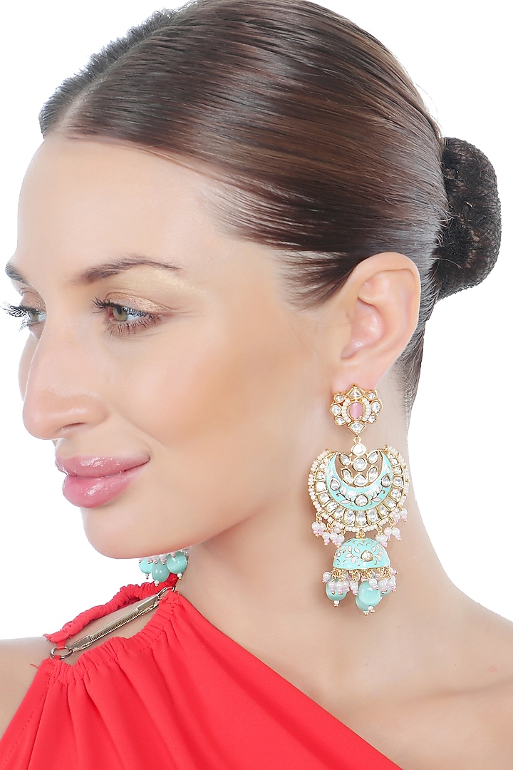Gold Finish Kundan Polki & Beaded Meenakari Jhumka Earrings by Akulya Jewels at Pernia's Pop Up Shop