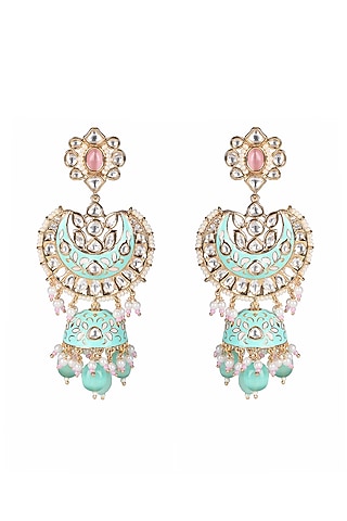 Gold Finish Kundan Polki & Beaded Meenakari Jhumka Earrings by Akulya Jewels