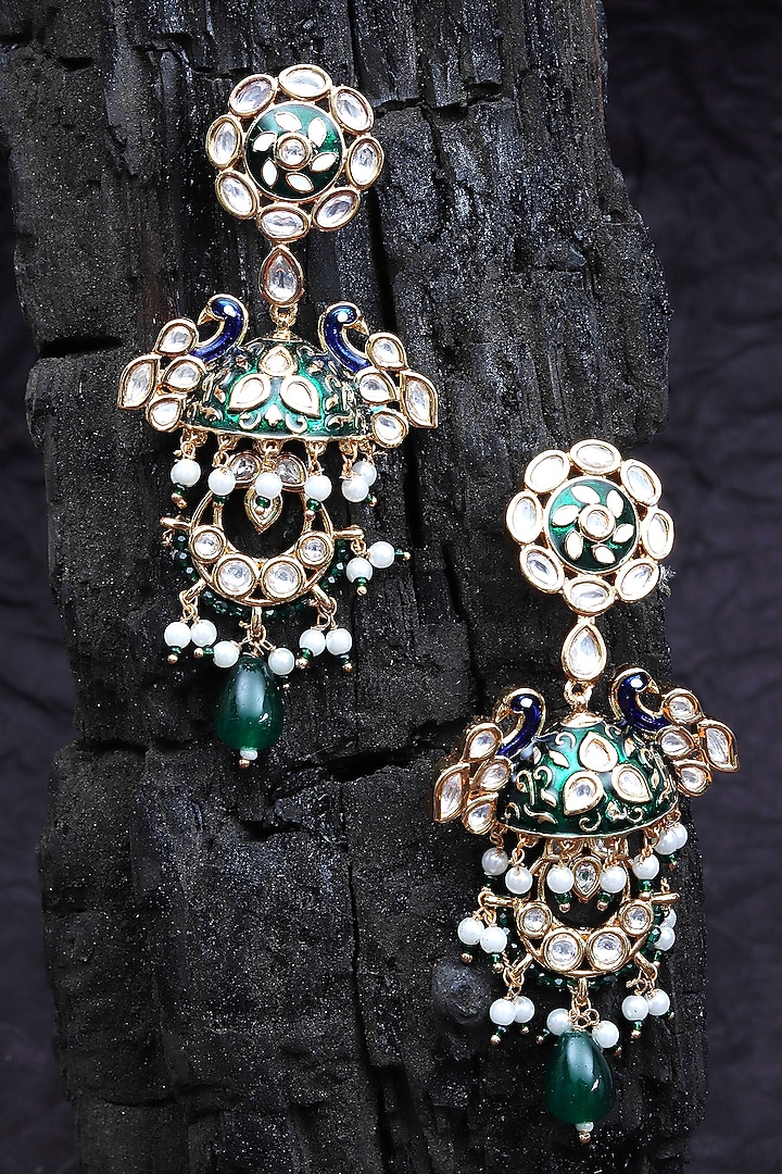 Gold Finish Kundan Polki & Beaded Meenakari Dangler Earrings by Akulya Jewels at Pernia's Pop Up Shop