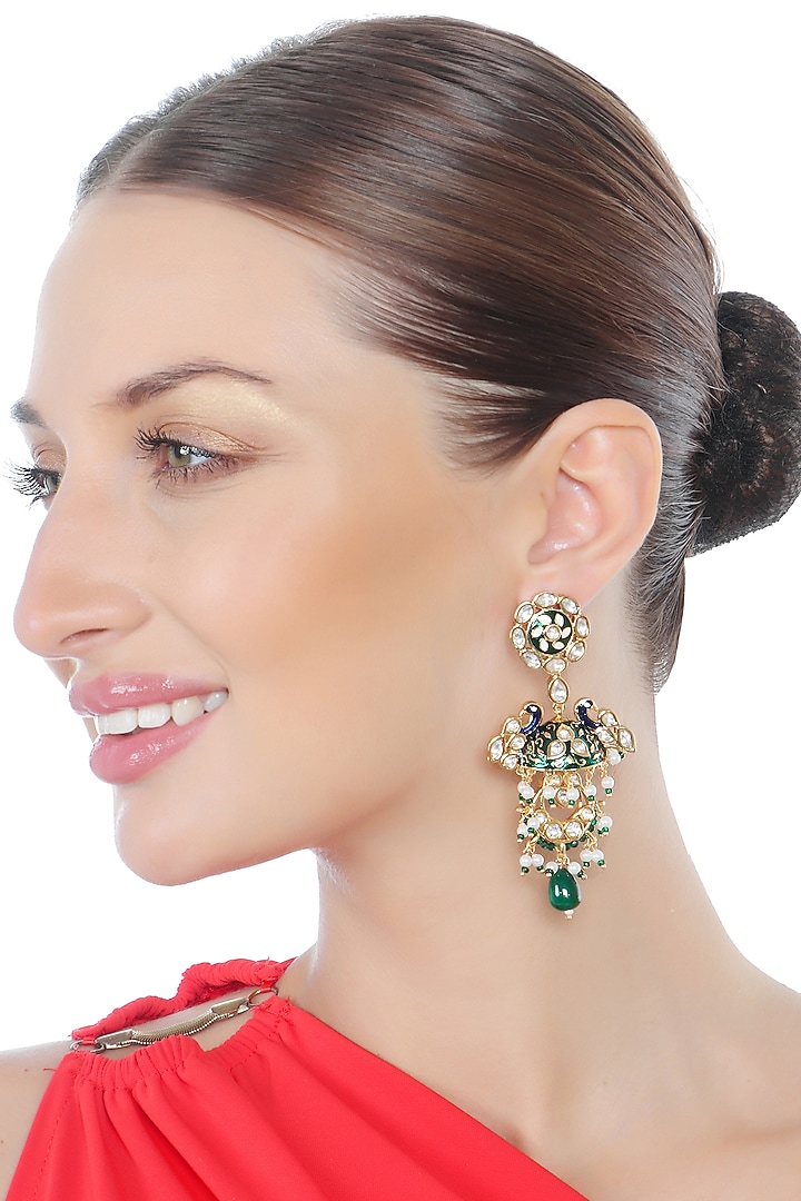 Gold Finish Kundan Polki & Beaded Meenakari Dangler Earrings by Akulya Jewels at Pernia's Pop Up Shop