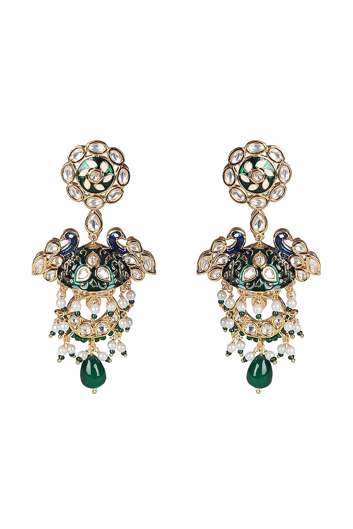 Gold Finish Kundan Polki & Beaded Meenakari Dangler Earrings by Akulya Jewels at Pernia's Pop Up Shop