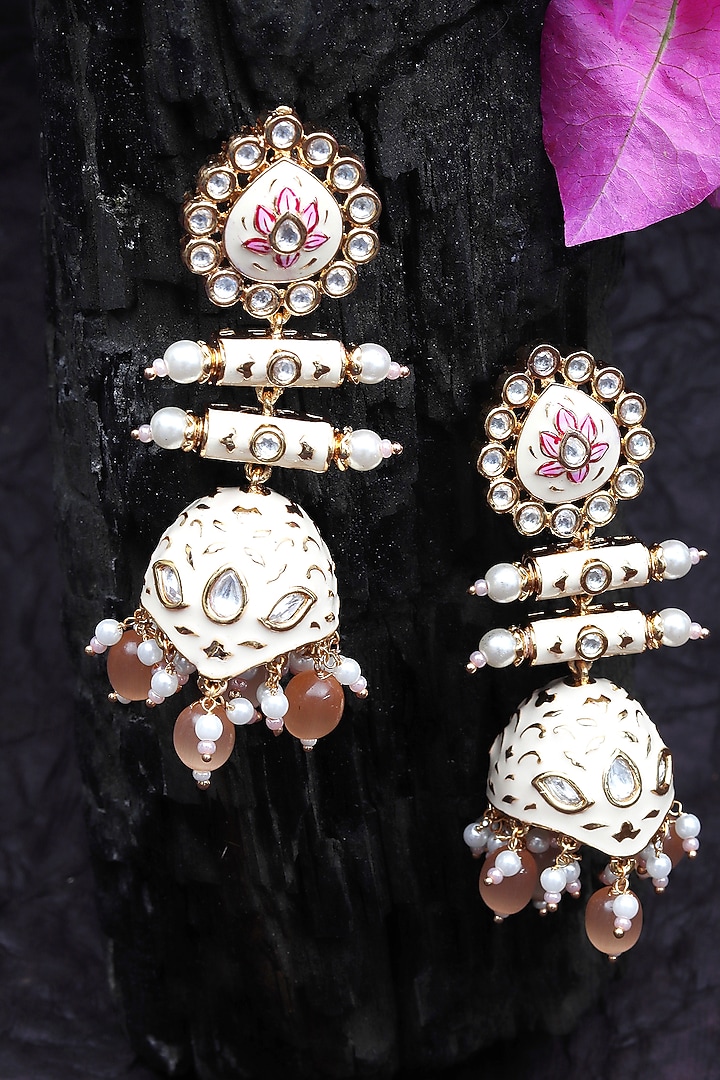 Gold Finish Kundan Polki & Beaded Meenakari Jhumka Earrings by Akulya Jewels at Pernia's Pop Up Shop