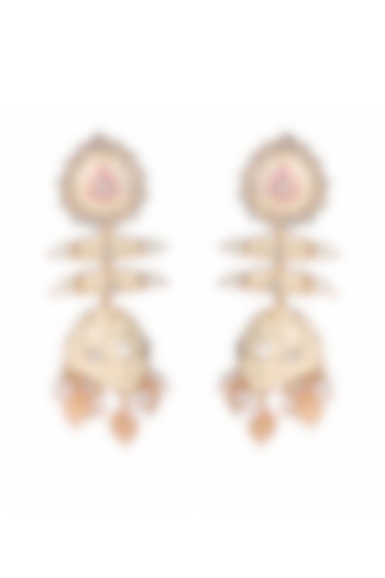 Gold Finish Kundan Polki & Beaded Meenakari Jhumka Earrings by Akulya Jewels at Pernia's Pop Up Shop