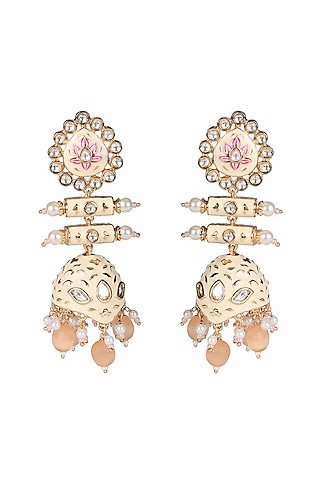 Gold Finish Kundan Polki & Beaded Meenakari Jhumka Earrings by Akulya Jewels