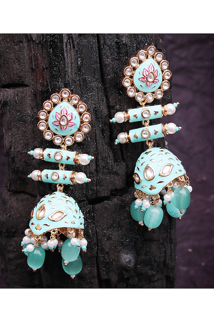 Gold Finish Kundan Polki & Beaded Meenakari Jhumka Earrings by Akulya Jewels at Pernia's Pop Up Shop
