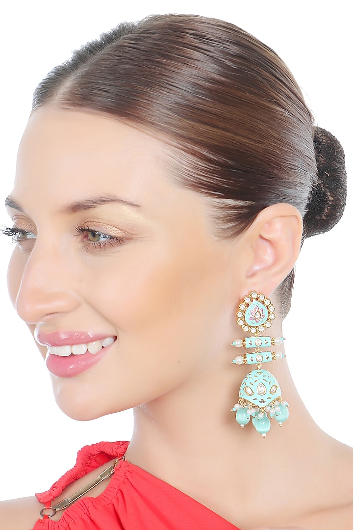 Gold Finish Kundan Polki & Beaded Meenakari Jhumka Earrings by Akulya Jewels at Pernia's Pop Up Shop