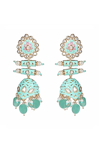 Gold Finish Kundan Polki & Beaded Meenakari Jhumka Earrings by Akulya Jewels