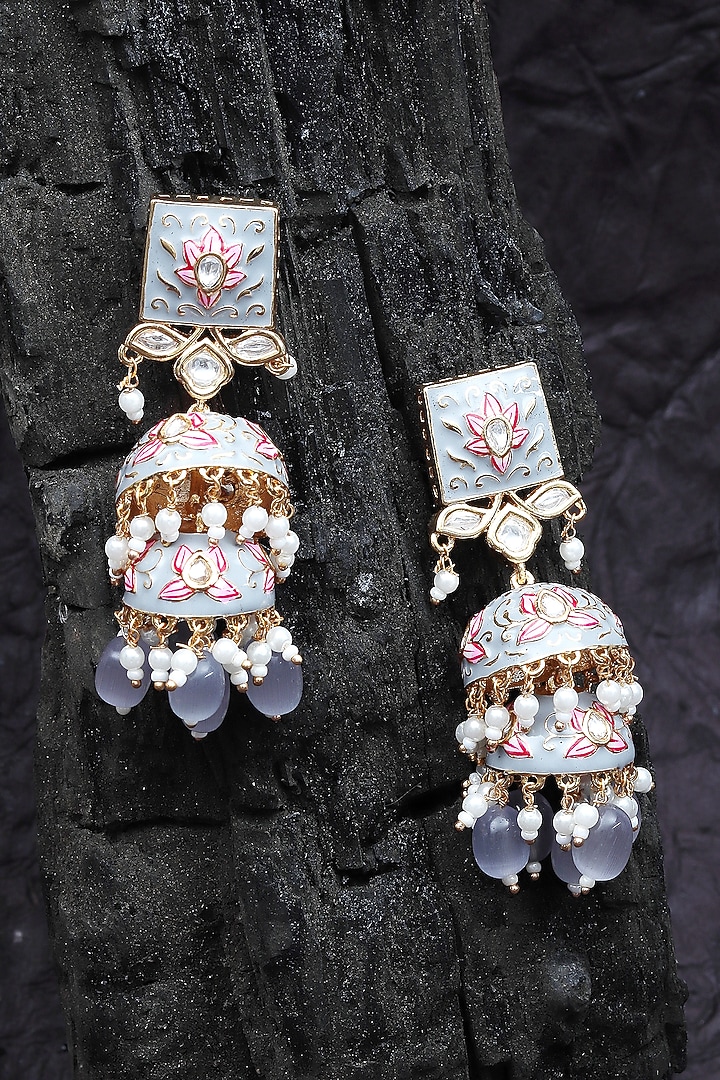 Gold Finish Grey Kundan Polki & Beaded Meenakari Jhumka Earrings by Akulya Jewels at Pernia's Pop Up Shop