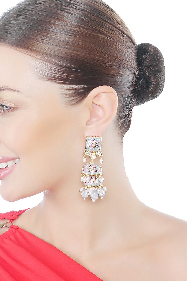Gold Finish Grey Kundan Polki & Beaded Meenakari Jhumka Earrings by Akulya Jewels at Pernia's Pop Up Shop