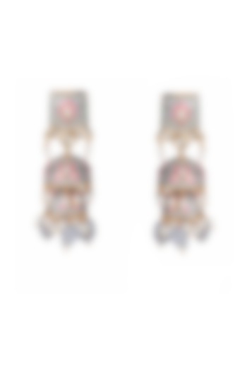 Gold Finish Grey Kundan Polki & Beaded Meenakari Jhumka Earrings by Akulya Jewels at Pernia's Pop Up Shop