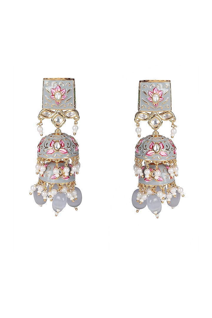 Gold Finish Grey Kundan Polki & Beaded Meenakari Jhumka Earrings by Akulya Jewels at Pernia's Pop Up Shop