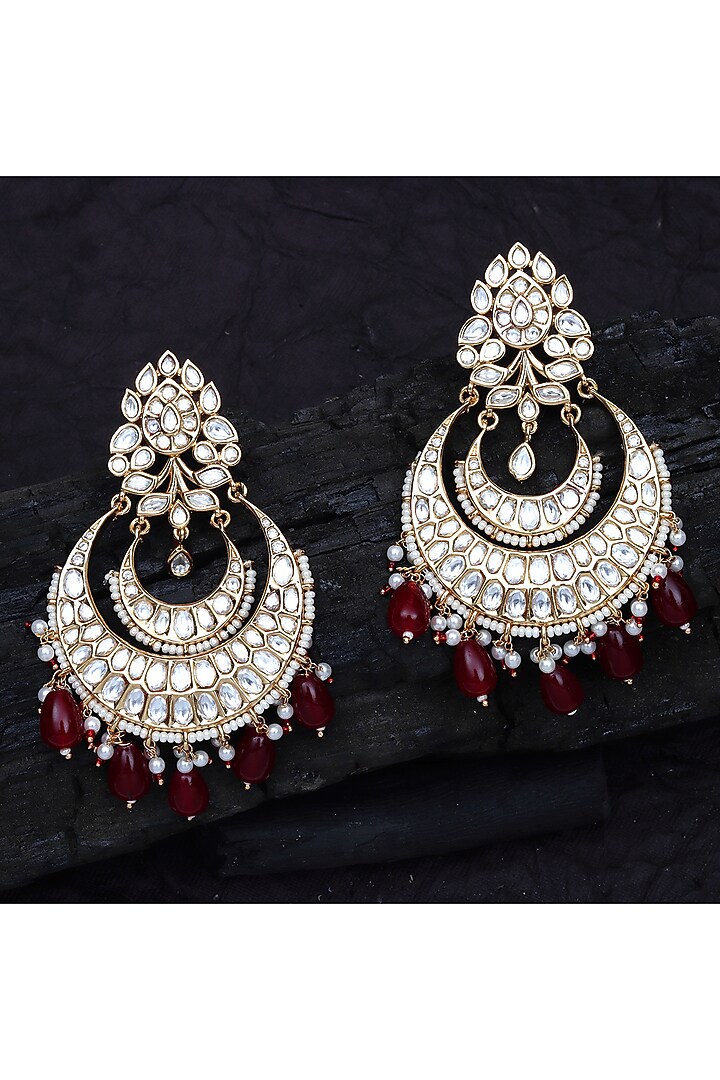 Gold Finish Kundan Polki & Red Beaded Chandbali Earrings by Akulya Jewels at Pernia's Pop Up Shop