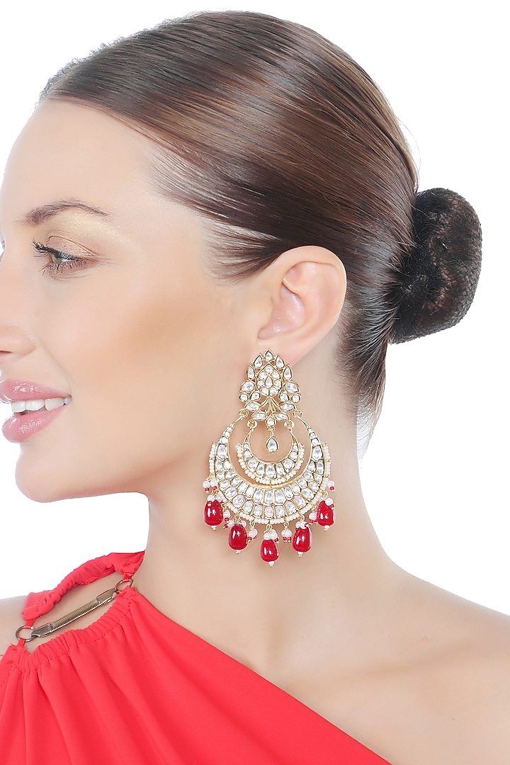 Gold Finish Kundan Polki & Red Beaded Chandbali Earrings by Akulya Jewels at Pernia's Pop Up Shop