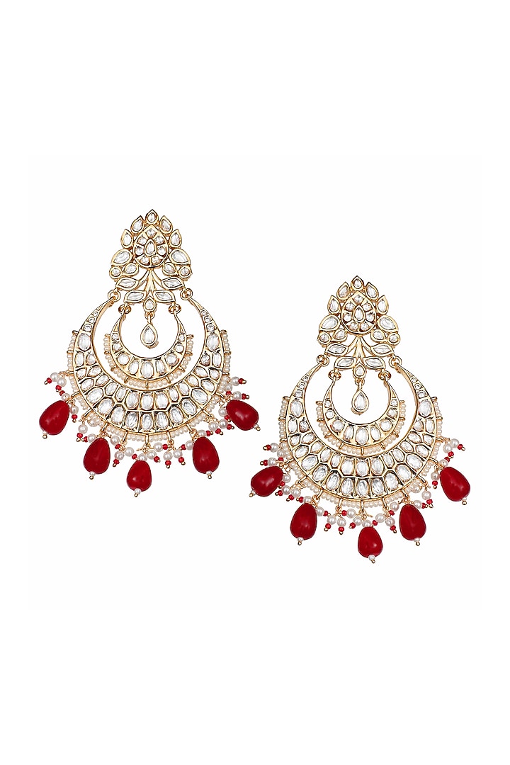 Gold Finish Kundan Polki & Red Beaded Chandbali Earrings by Akulya Jewels at Pernia's Pop Up Shop