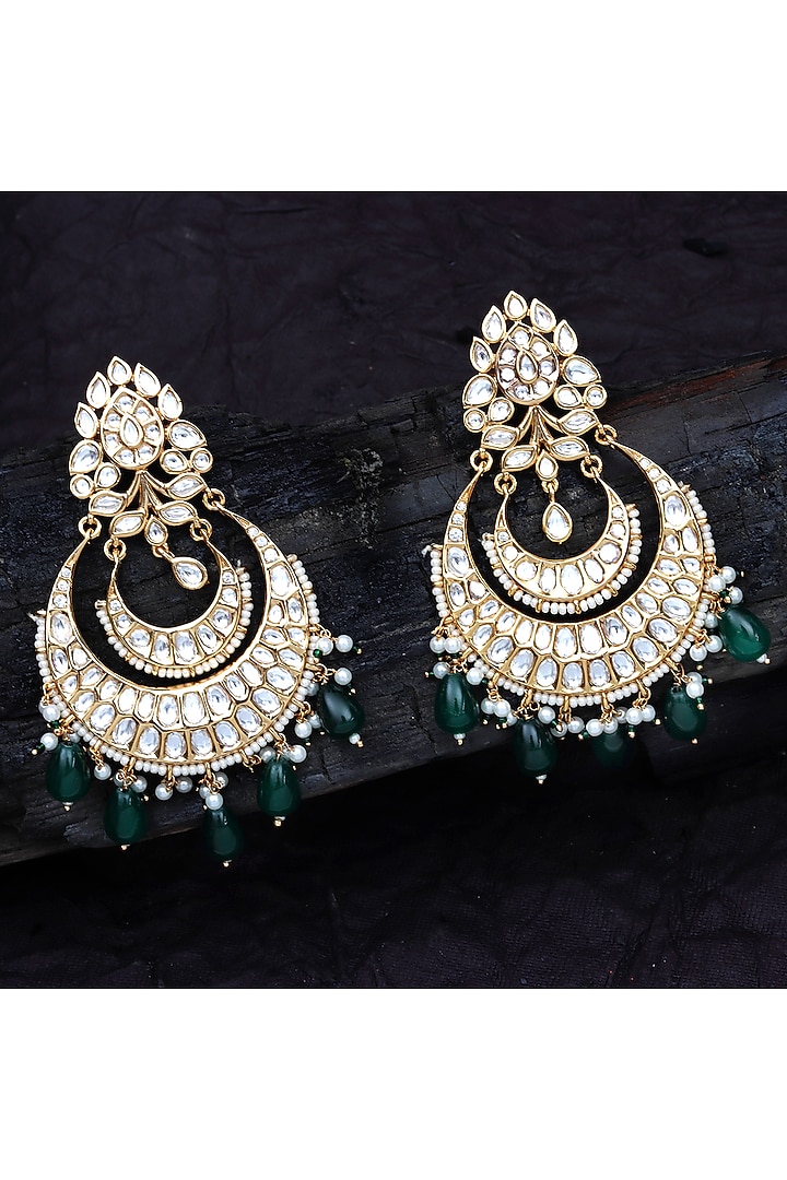 Gold Finish Kundan Polki & Green Beaded Chandbali Earrings by Akulya Jewels at Pernia's Pop Up Shop