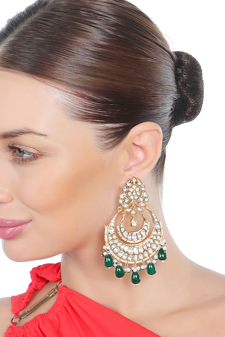 Gold Finish Kundan Polki & Green Beaded Chandbali Earrings by Akulya Jewels at Pernia's Pop Up Shop