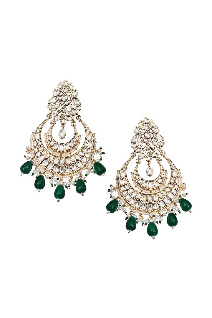 Gold Finish Kundan Polki & Green Beaded Chandbali Earrings by Akulya Jewels at Pernia's Pop Up Shop