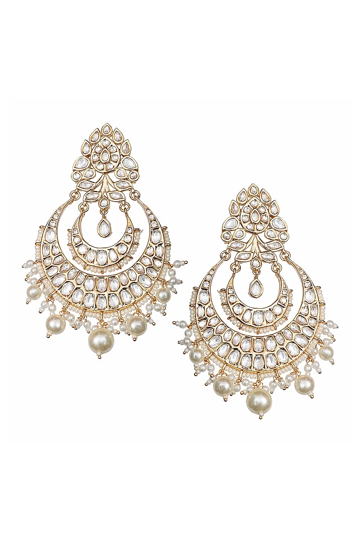 Gold Finish Kundan Polki & White Beaded Chandbali Earrings by Akulya Jewels at Pernia's Pop Up Shop
