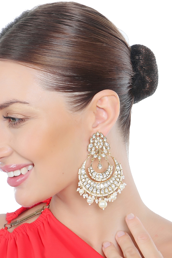 Gold Finish Kundan Polki & White Beaded Chandbali Earrings by Akulya Jewels at Pernia's Pop Up Shop