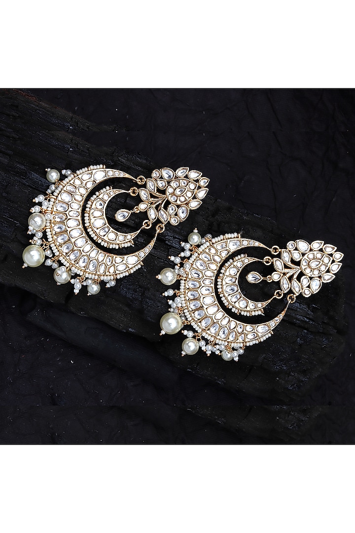 Gold Finish Kundan Polki & White Beaded Chandbali Earrings by Akulya Jewels at Pernia's Pop Up Shop